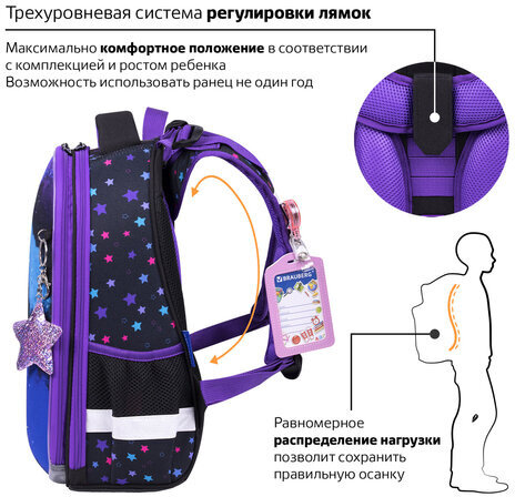 Ранец BRAUBERG PREMIUM, 2 отделения, с брелком, "Neon cat", 38х29х16 см, 271352