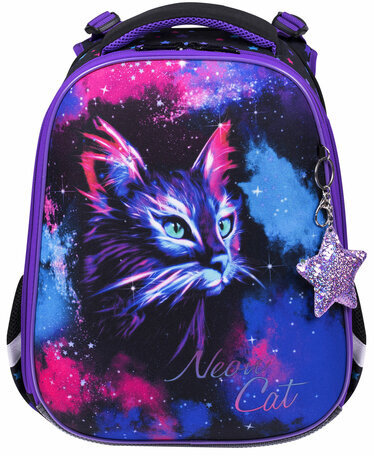 Ранец BRAUBERG PREMIUM, 2 отделения, с брелком, "Neon cat", 38х29х16 см, 271352