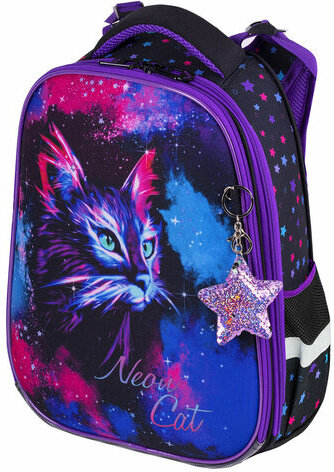 Ранец BRAUBERG PREMIUM, 2 отделения, с брелком, "Neon cat", 38х29х16 см, 271352