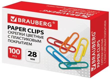 Скрепки BRAUBERG, 28 мм, цветные, 100 шт., в картонной коробке, Россия, 220555
