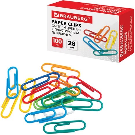 Скрепки BRAUBERG, 28 мм, цветные, 100 шт., в картонной коробке, Россия, 220555