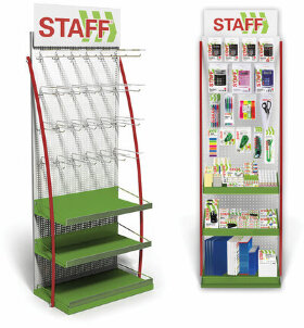 Стойка для размещения товара напольная STAFF, 2050x600x500 мм, 25 крючков, 3 полки, металл, 504876