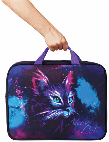 Папка на молнии с ручками BRAUBERG А4, 1 отделение, полиэстер, 80 мм, "Neon cat", 271482