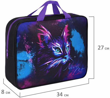 Папка на молнии с ручками BRAUBERG А4, 1 отделение, полиэстер, 80 мм, "Neon cat", 271482