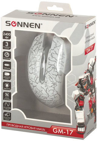 Мышь проводная игровая SONNEN GM-17, USB, 2400 dpi, 6 кнопок, оптическая, LED-подсветка, белая, 512639