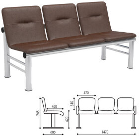 Кресло для посетителей трехсекционное &quot;Троя&quot;, 745х1470х600 мм, светлый каркас, кожзам коричневый, СМ 105-03 К006