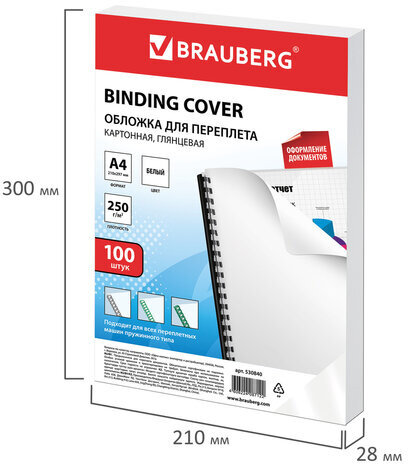 Обложки картонные для переплета, А4, КОМПЛЕКТ 100 шт., глянцевые, 250 г/м2, белые, BRAUBERG, 530840