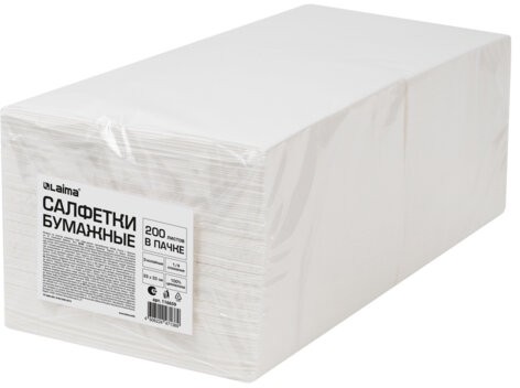Салфетки бумажные 3-х слойные, 33x33 см, 200 штук в упаковке, 1/4 сложение, LAIMA, белые, 116659
