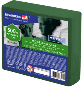 Пластилин скульптурный BRAUBERG ART CLASSIC оливковый, 0,5 кг, мягкий, 106514