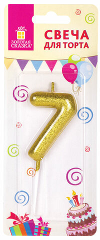Свеча-цифра для торта "7" золотая с глиттером, 6 см, ЗОЛОТАЯ СКАЗКА, на шпажке, в блистере, 591420