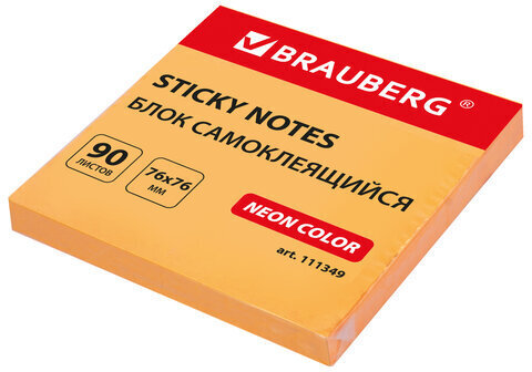 Блок самоклеящийся (стикеры) BRAUBERG НЕОНОВЫЙ 76х76 мм, 90 листов, оранжевый, 111349
