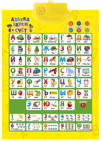 Плакат со звуком "Азбука, звуки и счет" на батарейках, 41х56 см, 4 режима, РЫЖИЙ КОТ, ЗП-2699