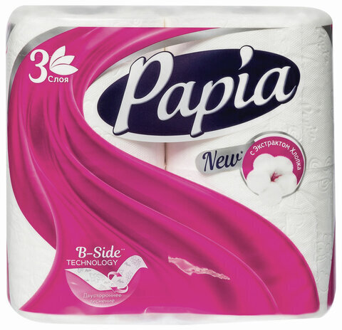 Бумага туалетная бытовая, спайка 4 шт., 3-слойная (4 х 16,8 м), PAPIA, белая, 5058528