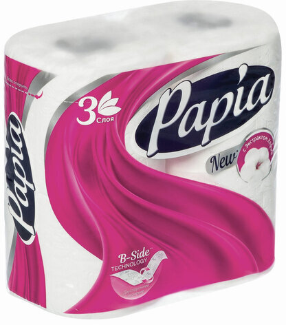 Бумага туалетная бытовая, спайка 4 шт., 3-слойная (4 х 16,8 м), PAPIA, белая, 5058528