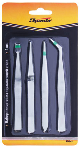 Набор пинцетов из нержавеющей стали, 4 предмета, SPARTA, блистер, 914845