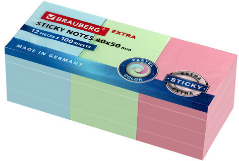 Блоки самоклеящиеся EXTRA STICKY BRAUBERG (Германия), ПАСТЕЛЬНЫЕ, 40х50 мм, НАБОР 12 шт. по 100 л., 3 цвета, 112430