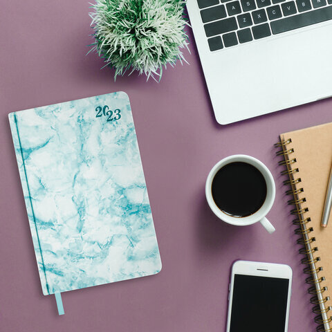 Ежедневник датированный 2023 А5 138x213 мм BRAUBERG "Marble", под кожу, синий, 114021