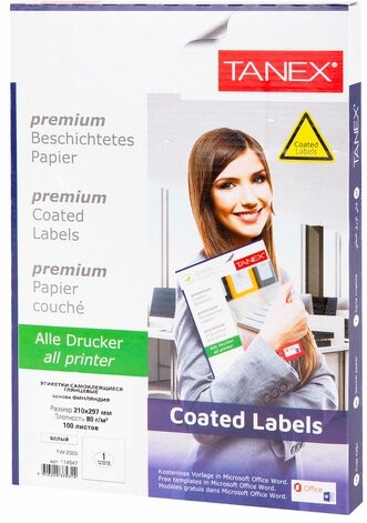 Этикетка самоклеящаяся ГЛЯНЦЕВАЯ 210х297 мм, 1 этикетка, белая, 80 г/м2, 100 листов, TANEX, сырье Финляндия, 114547, TW-2000