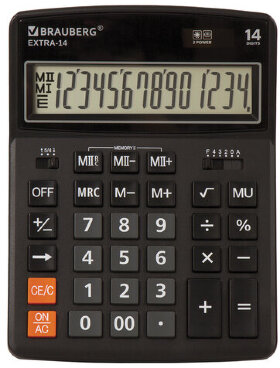 Калькулятор настольный BRAUBERG EXTRA-14-BK (206x155 мм), 14 разрядов, двойное питание, ЧЕРНЫЙ, 250474