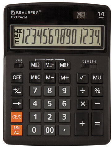 Калькулятор настольный BRAUBERG EXTRA-14-BK (206x155 мм), 14 разрядов, двойное питание, ЧЕРНЫЙ, 250474
