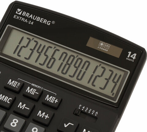 Калькулятор настольный BRAUBERG EXTRA-14-BK (206x155 мм), 14 разрядов, двойное питание, ЧЕРНЫЙ, 250474