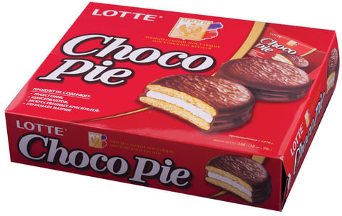 Печенье LOTTE "Choco Pie" ("Чоко Пай"), прослоенное, глазированное, в картонной упаковке, 336 г (12 штук х 28 г)