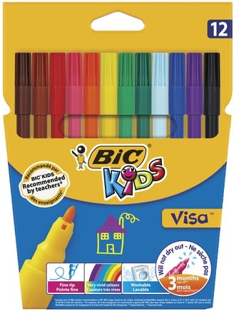 Фломастеры BIC "Kids Visa", 12 ЦВЕТОВ, суперсмываемые, вентилируемый колпачок, европодвес, 889695, 888695
