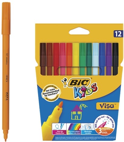 Фломастеры BIC "Kids Visa", 12 ЦВЕТОВ, суперсмываемые, вентилируемый колпачок, европодвес, 889695, 888695