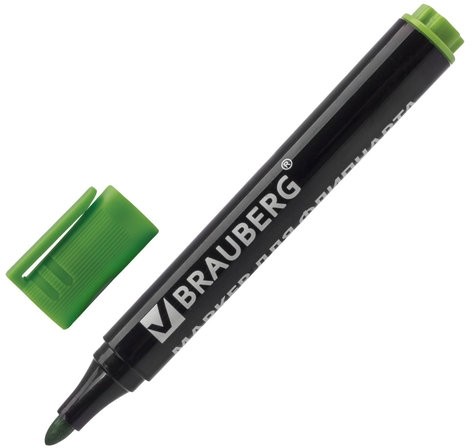 Маркер для флипчарта BRAUBERG, НЕПРОПИТЫВАЮЩИЙ, ЗЕЛЕНЫЙ, круглый наконечник, 2,5 мм, 151256