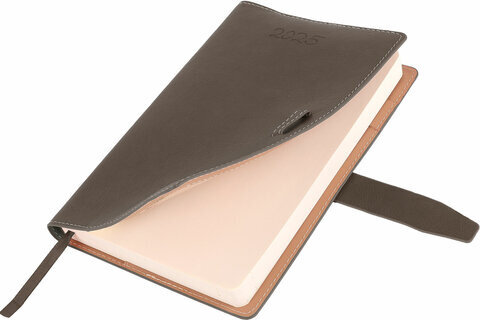 Ежедневник датированный 2025, А5, 143x218 мм, BRAUBERG "Journal", под кожу, застежка, органайзер, серый, 115881