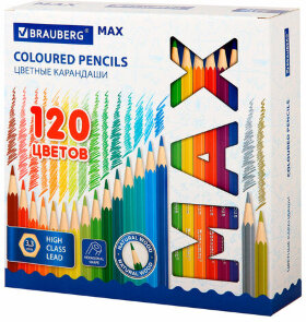 Карандаши цветные супермягкие яркие классические BRAUBERG MAX 120 цветов, шестигранные, натуральное дерево, грифель 3,3 мм, 182006