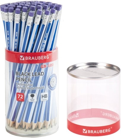 Карандаш чернографитный BRAUBERG "GX-100", 1 шт., HB, с ластиком, корпус синий, 181720