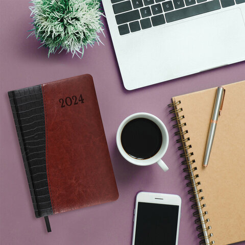 Ежедневник датированный 2024 А5 138x213 мм BRAUBERG "Cayman", под кожу, черный/коричневый, 114833