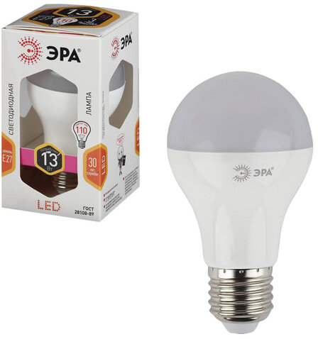 Лампа светодиодная ЭРА, 13 (110) Вт, цоколь E27, грушевидная, теплый белый, свет, 30000 ч., LED smdA65\A60-13W-827-E27, A65-13W-827-E27