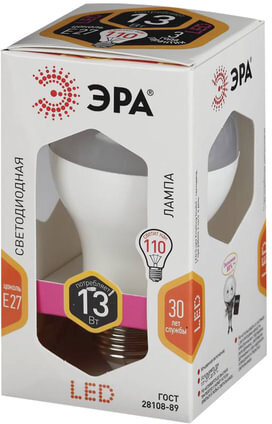 Лампа светодиодная ЭРА, 13 (110) Вт, цоколь E27, грушевидная, теплый белый, свет, 30000 ч., LED smdA65\A60-13W-827-E27, A65-13W-827-E27