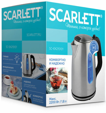 Чайник SCARLETT SC-EK21S101, 1,8 л, 2200 Вт, закрытый нагревательный элемент, сталь