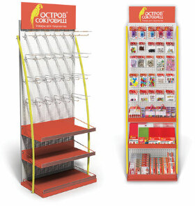 Стойка для размещения товара напольная ОСТРОВ СОКРОВИЩ, 2050x600x500 мм, 25 крючков, 3 полки, металл, 504877