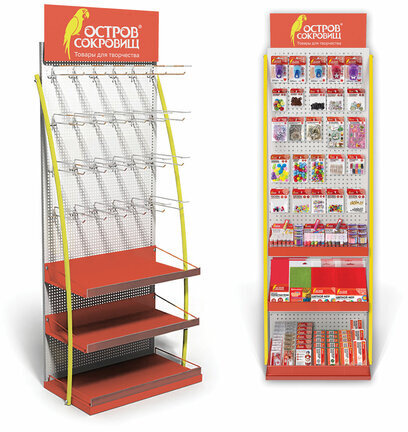 Стойка для размещения товара напольная ОСТРОВ СОКРОВИЩ, 2050x600x500 мм, 25 крючков, 3 полки, металл, 504877
