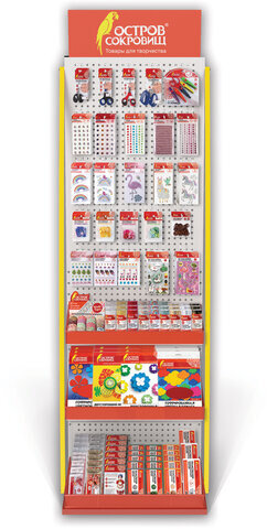 Стойка для размещения товара напольная ОСТРОВ СОКРОВИЩ, 2050x600x500 мм, 25 крючков, 3 полки, металл, 504877