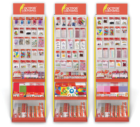 Стойка для размещения товара напольная ОСТРОВ СОКРОВИЩ, 2050x600x500 мм, 25 крючков, 3 полки, металл, 504877