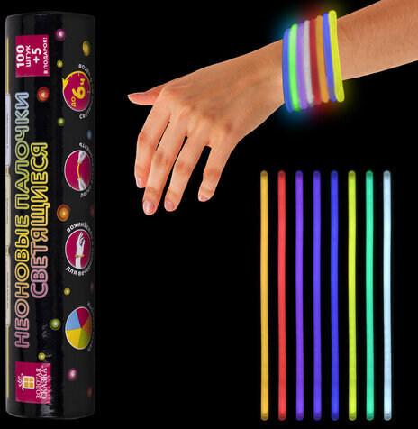 Светящиеся (неоновые) палочки-браслеты "100 шт. + 5 в ПОДАРОК!" в тубе, ЗОЛОТАЯ СКАЗКА, 662596