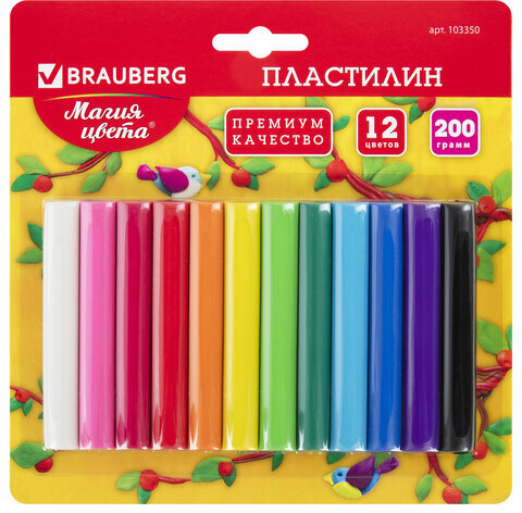 Пластилин классический BRAUBERG 12 цветов, 200 г, ВЫСШЕЕ КАЧЕСТВО, блистер, 103350