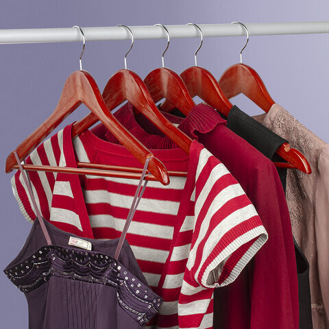 Вешалки-плечики, размер 48-50, КОМПЛЕКТ 5 шт., дерево, перекладина, цвет вишня, BRABIX "Стандарт", 601161