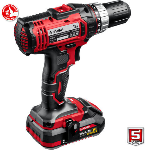 Дрель-шуруповерт безударная АККУМУЛЯТОРНАЯ, с двумя аккумуляторами 2 Ач, 18 В, ЗУБР ДШЛ-185-22