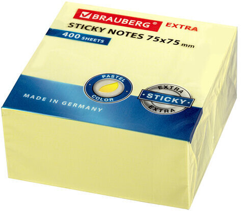 Блок самоклеящийся (стикеры) EXTRA STICKY BRAUBERG (Германия), ПАСТЕЛЬНЫЙ, 75х75 мм, 400 л., желтый, 112439