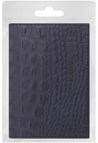 Обложка для паспорта натуральная кожа кайман, "PASSPORT", темно-синяя, BRAUBERG, 237196