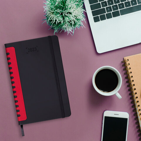 Ежедневник датированный 2023 А5 138x213 мм BRAUBERG "Original", под кожу, черный/красный, 114123