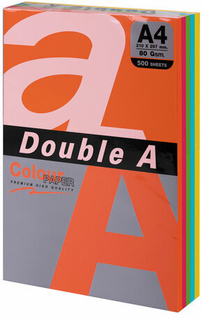 Бумага цветная DOUBLE A, А4, 80 г/м2, 500 л. (5 цветов x 100 листов), микс интенсив
