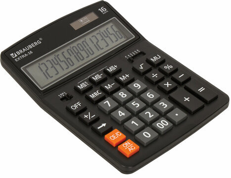 Калькулятор настольный BRAUBERG EXTRA-16-BK (206x155 мм), 16 разрядов, двойное питание, ЧЕРНЫЙ, 250475