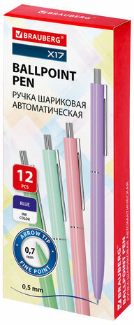 Ручка шариковая автоматическая BRAUBERG X17 PASTEL, СИНЯЯ, стандартный узел 0,7 мм, линия письма 0,5 мм, 144155